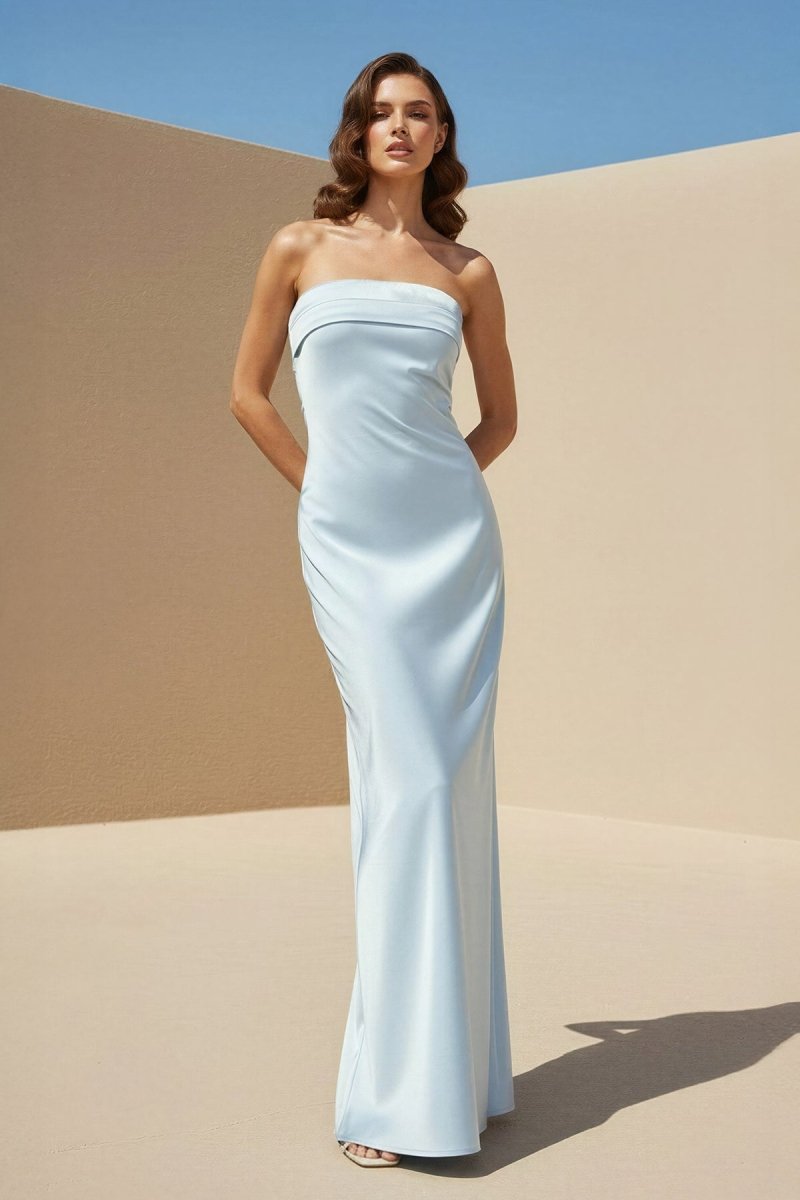 Minara | Sky Blue - Strapless Sheath Satin Pleated Open Back Long Prom Dresses - KissProm