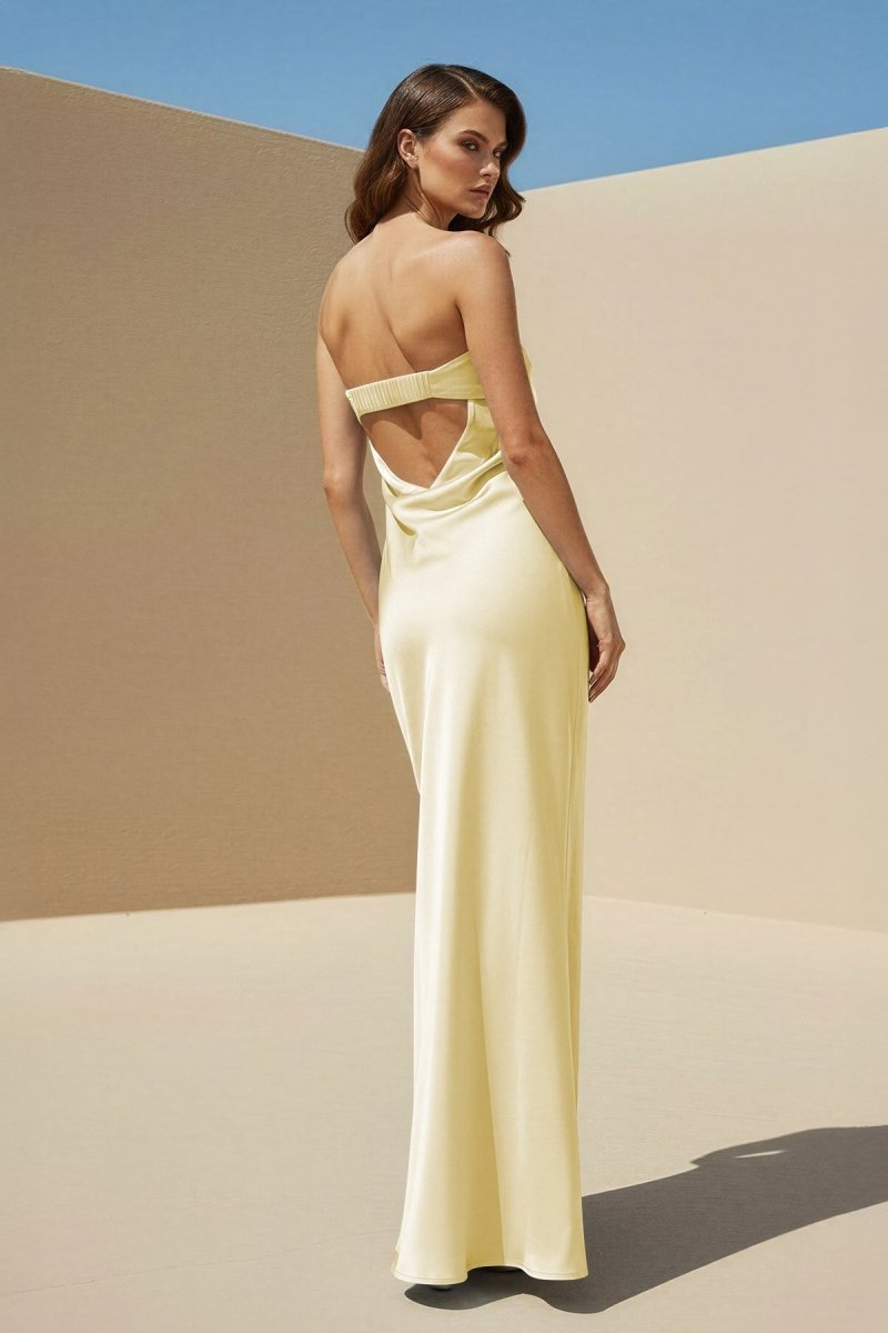 Minara | Sky Blue - Strapless Sheath Satin Pleated Open Back Long Prom Dresses - KissProm