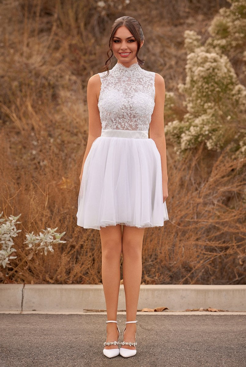 Mini Knee-Length Tulle Lace Dress With Beading Keyhole Back