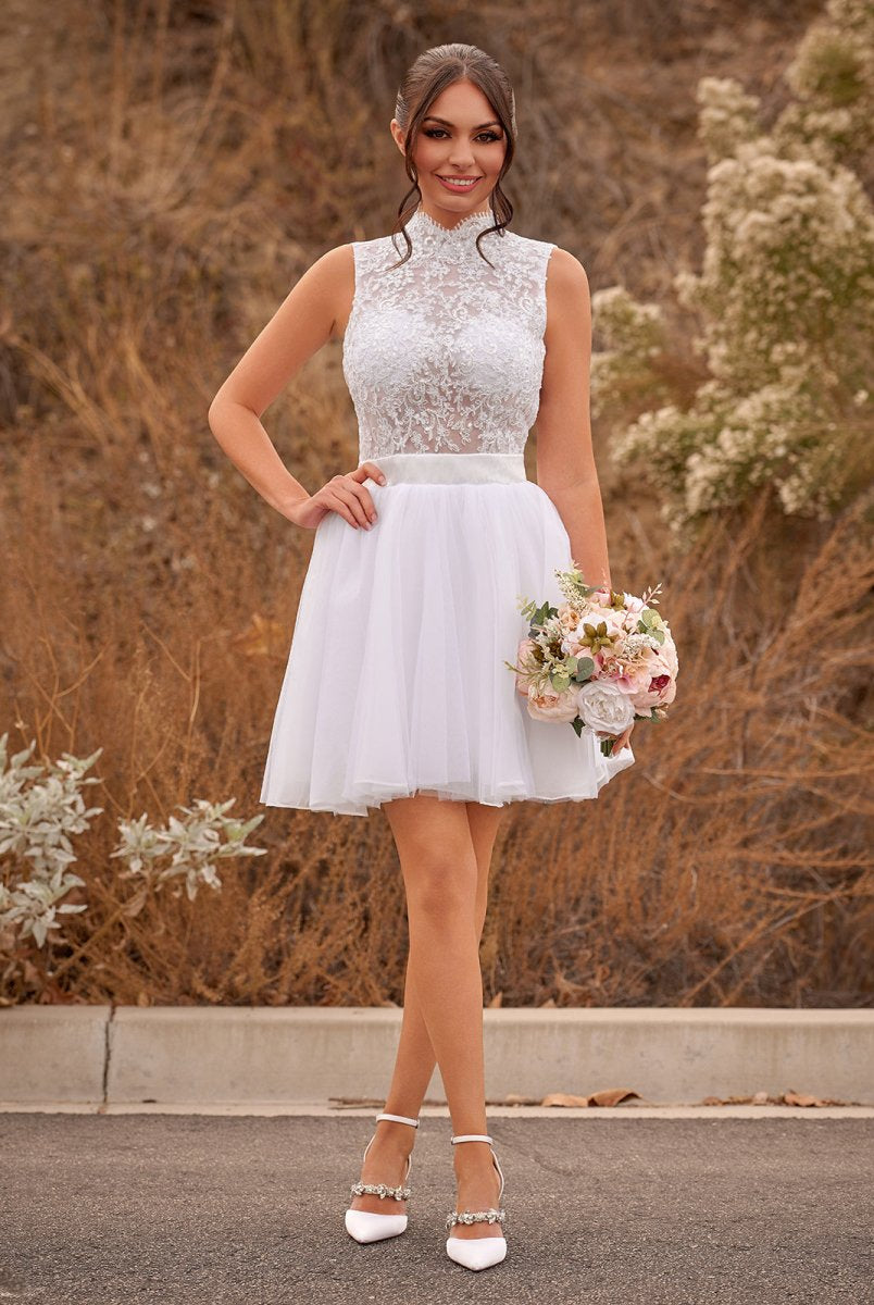 Mini Knee-Length Tulle Lace Dress With Beading Keyhole Back
