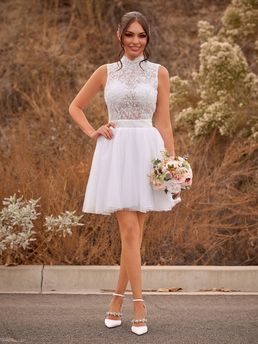 Mini Knee-Length Tulle Lace Dress With Beading Keyhole Back