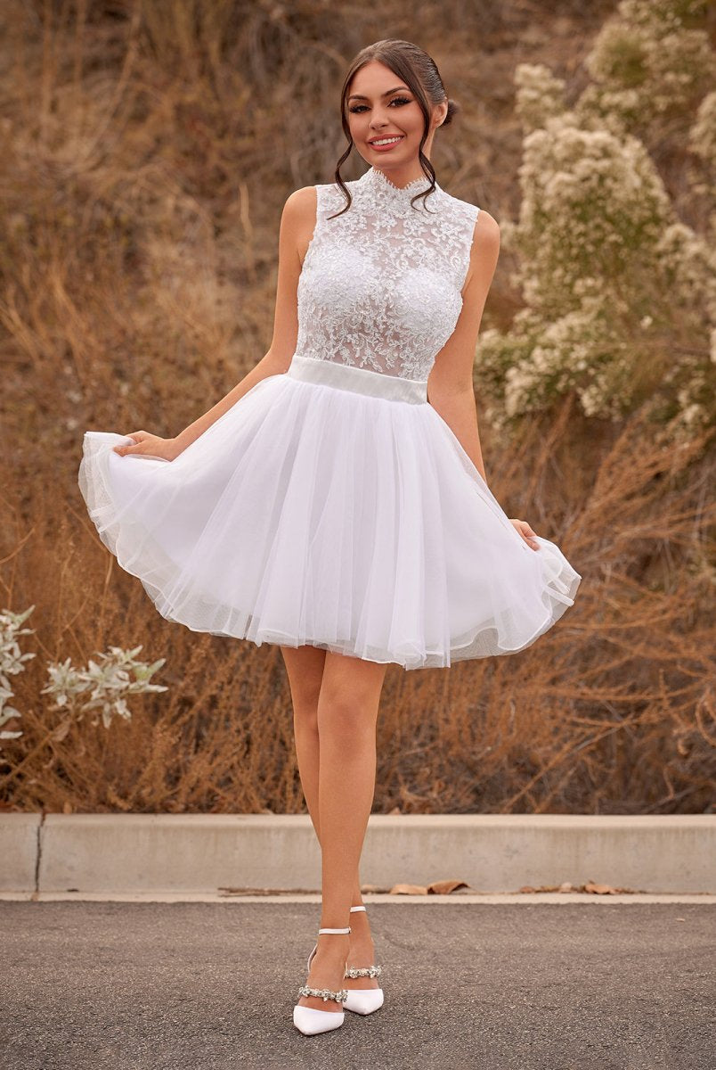 Mini Knee-Length Tulle Lace Dress With Beading Keyhole Back