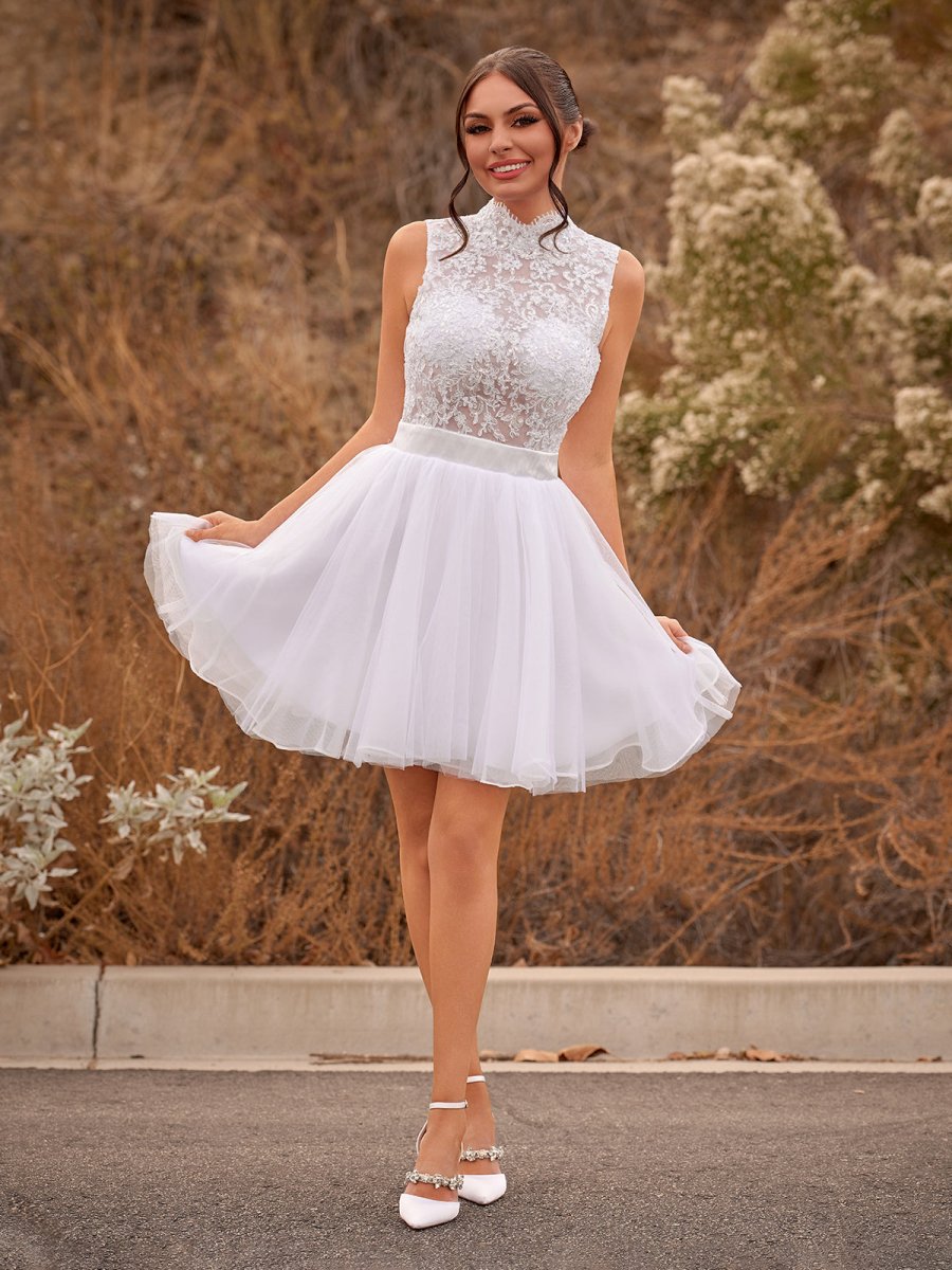 Mini Knee-Length Tulle Lace Dress With Beading Keyhole Back
