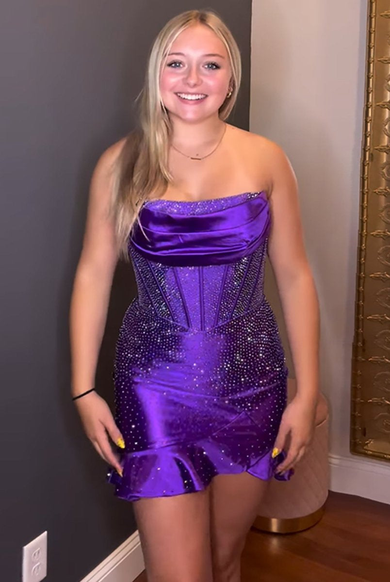 Minna | Purple - Strapless Bodycon Satin Pleated Homecoming Dresses With Beading