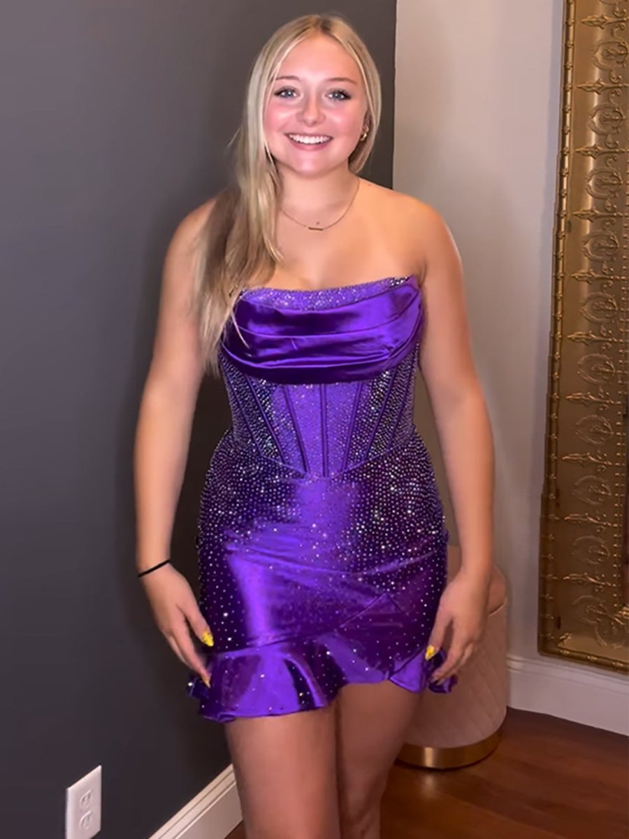 Minna | Purple - Strapless Bodycon Satin Pleated Homecoming Dresses With Beading