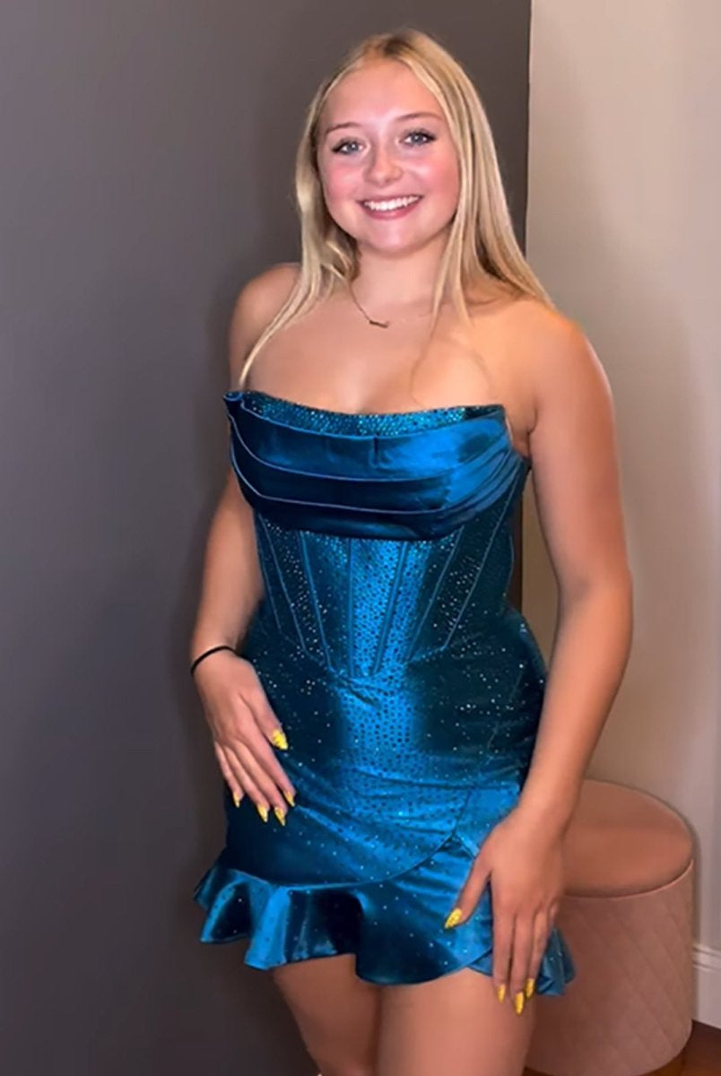 Minna | Royal Blue - Strapless Bodycon Satin Pleated Homecoming Dresses With Beading