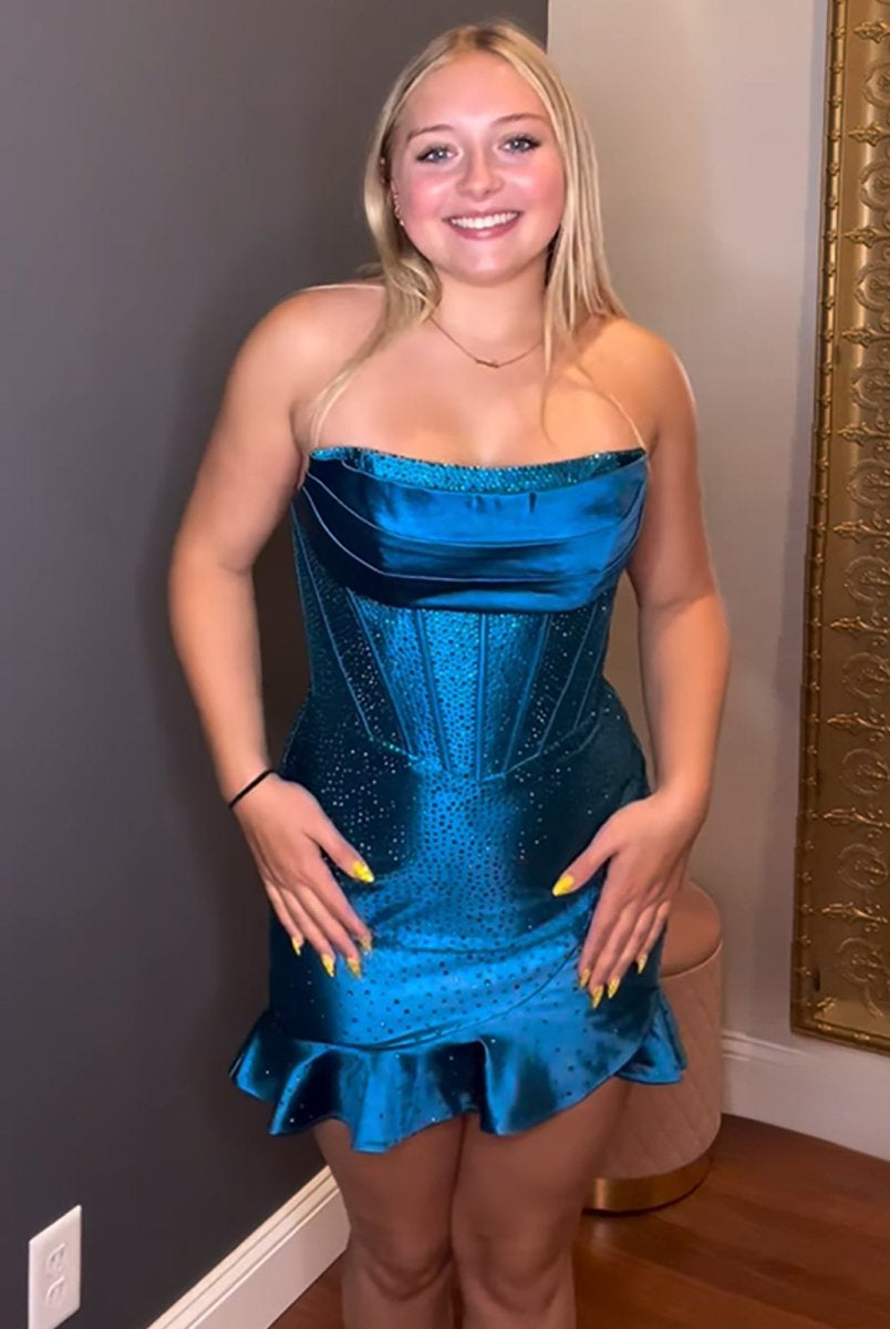 Minna | Royal Blue - Strapless Bodycon Satin Pleated Homecoming Dresses With Beading