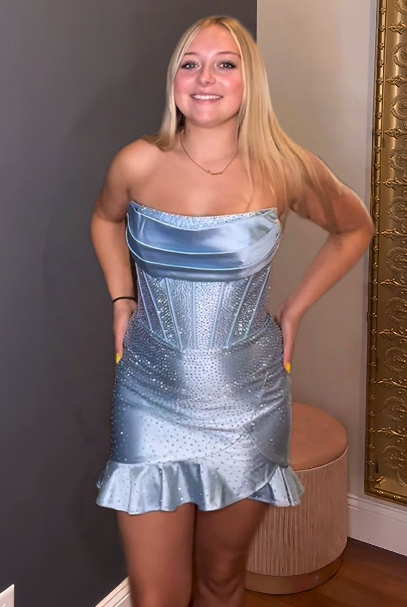 Minna | Sky Blue - Strapless Bodycon Satin Pleated Homecoming Dresses With Beading