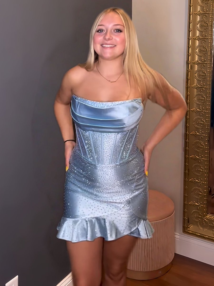 Minna | Sky Blue - Strapless Bodycon Satin Pleated Homecoming Dresses With Beading