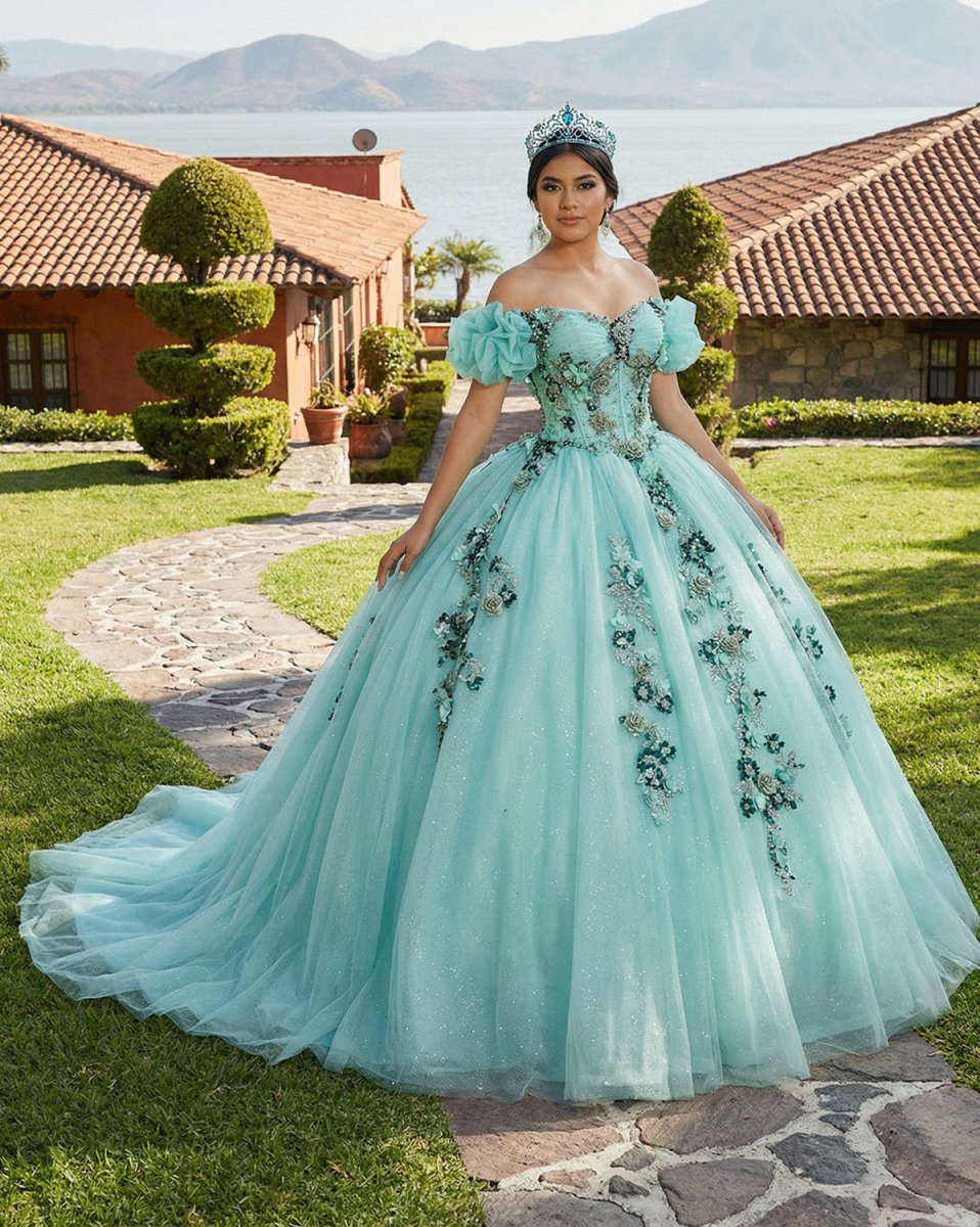 KissProm Mint Green Off Shoulder Court Train Quinceañera Dress, Mint Green / 14