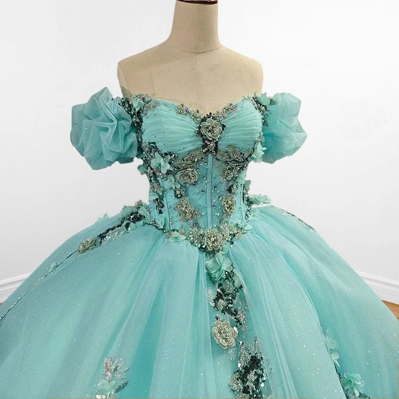 Mint Green Off Shoulder Court Train Quinceañera Dress