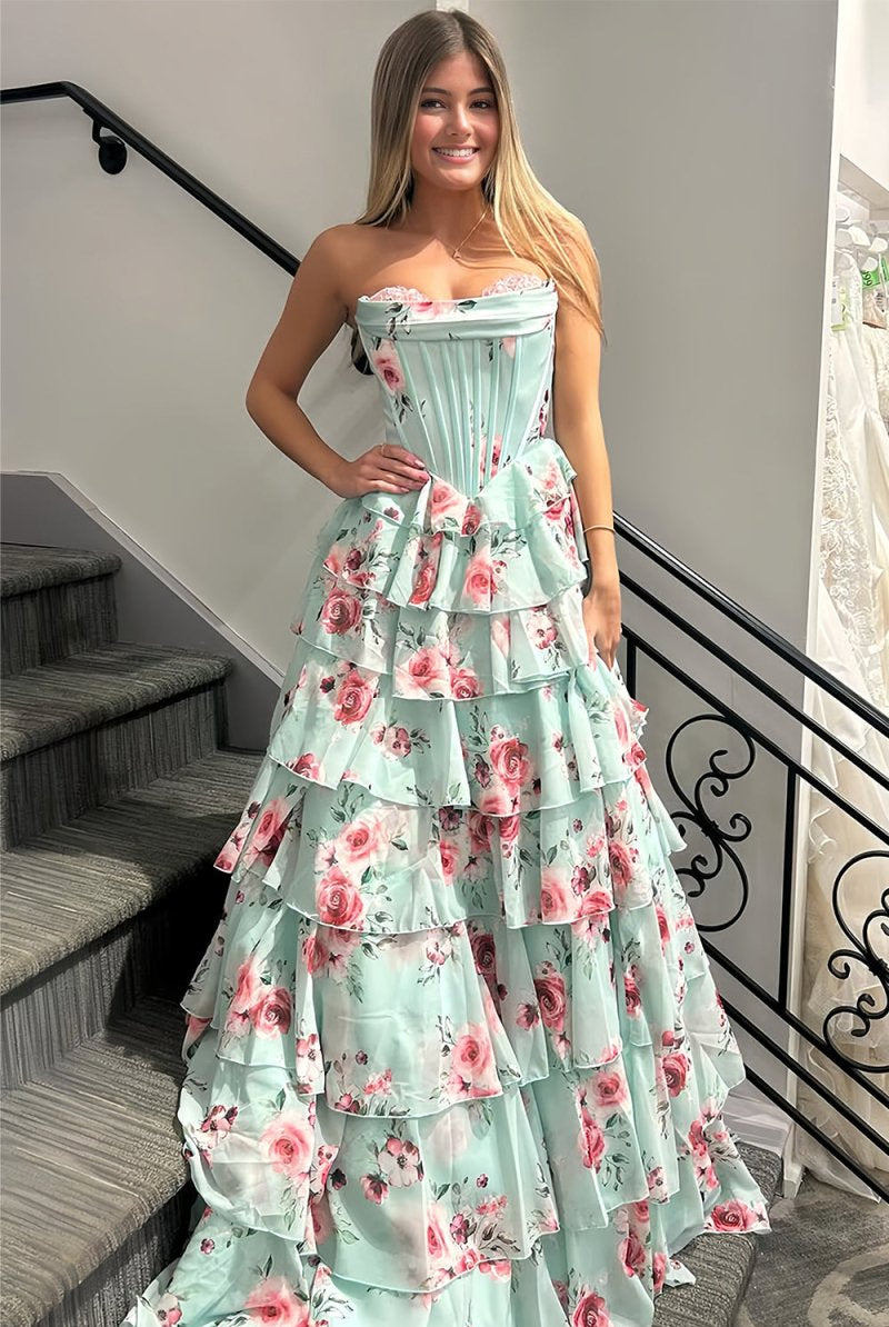Pazit | Mint Green - Strapless A Line Chiffon Ruffled Long Prom Dresses With Floral - KissProm