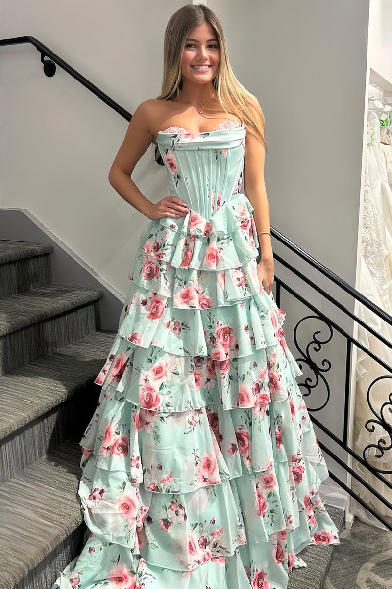 Pazit | Mint Green - Strapless A Line Chiffon Ruffled Long Prom Dresses With Floral - KissProm