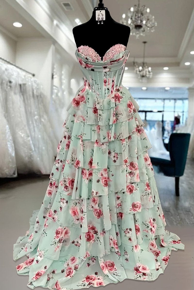 Pazit | Mint Green - Strapless A Line Chiffon Ruffled Long Prom Dresses With Floral - KissProm