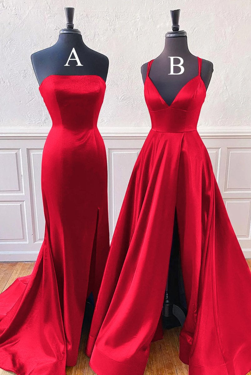 Mirabel | Burgundy Sleeveless Satin Long Prom Dress With Split