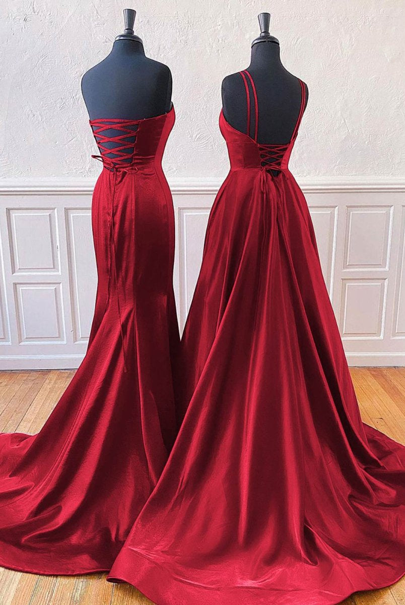Mirabel | Burgundy Sleeveless Satin Long Prom Dress With Split