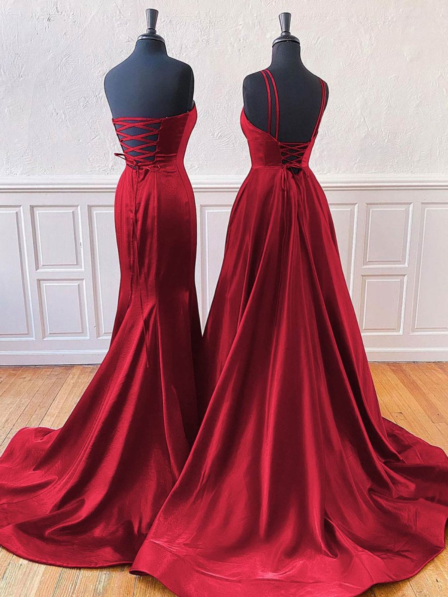 Mirabel | Burgundy Sleeveless Satin Long Prom Dress With Split