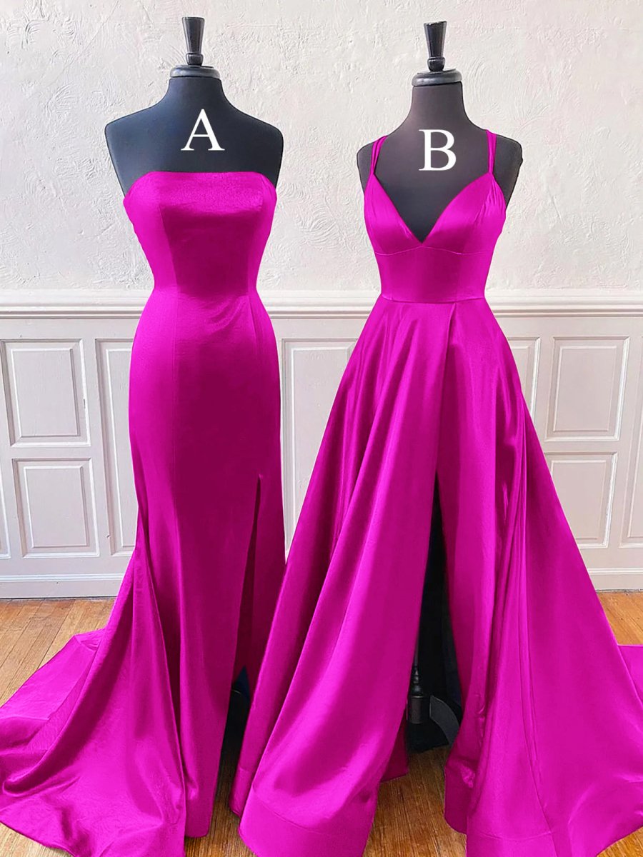 Mirabel | Burgundy Sleeveless Satin Long Prom Dress With Split