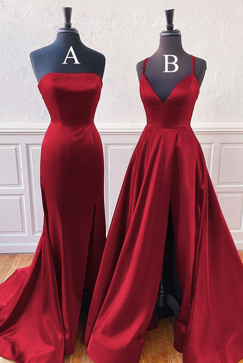 Mirabel | Burgundy Sleeveless Satin Long Prom Dress With Split