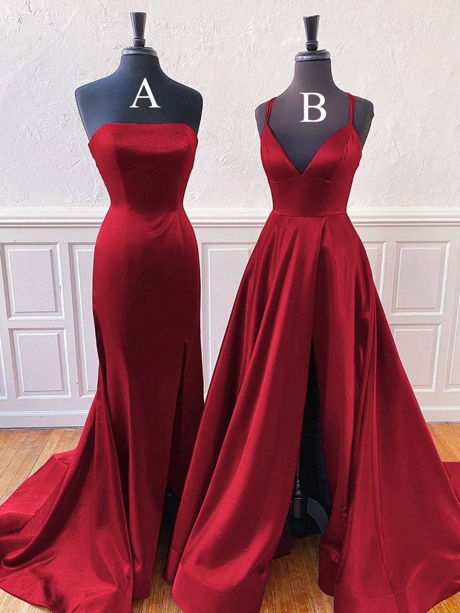 Mirabel | Burgundy Sleeveless Satin Long Prom Dress With Split