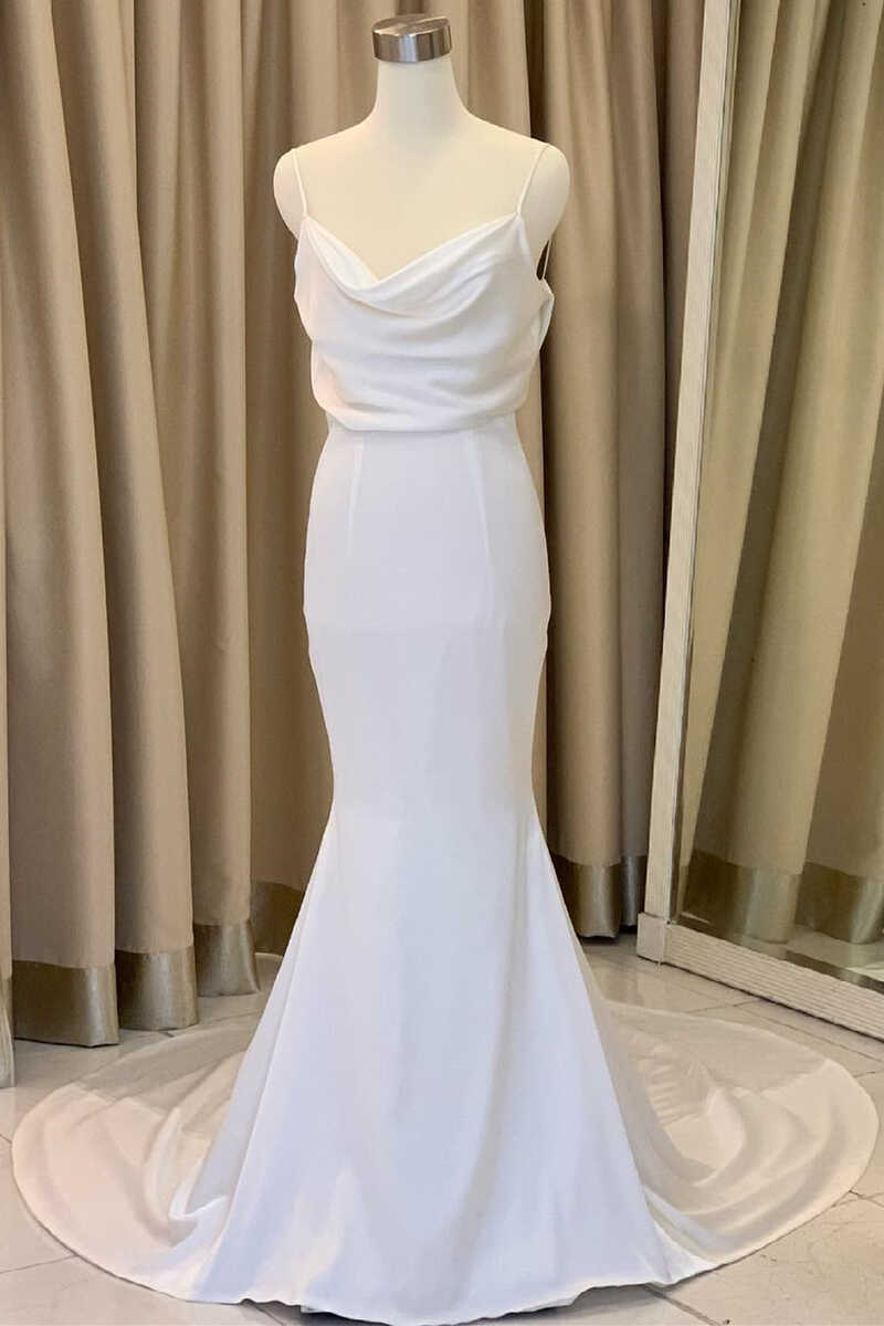 Mermaid Cowl Neck White Satin Long Wedding Dress