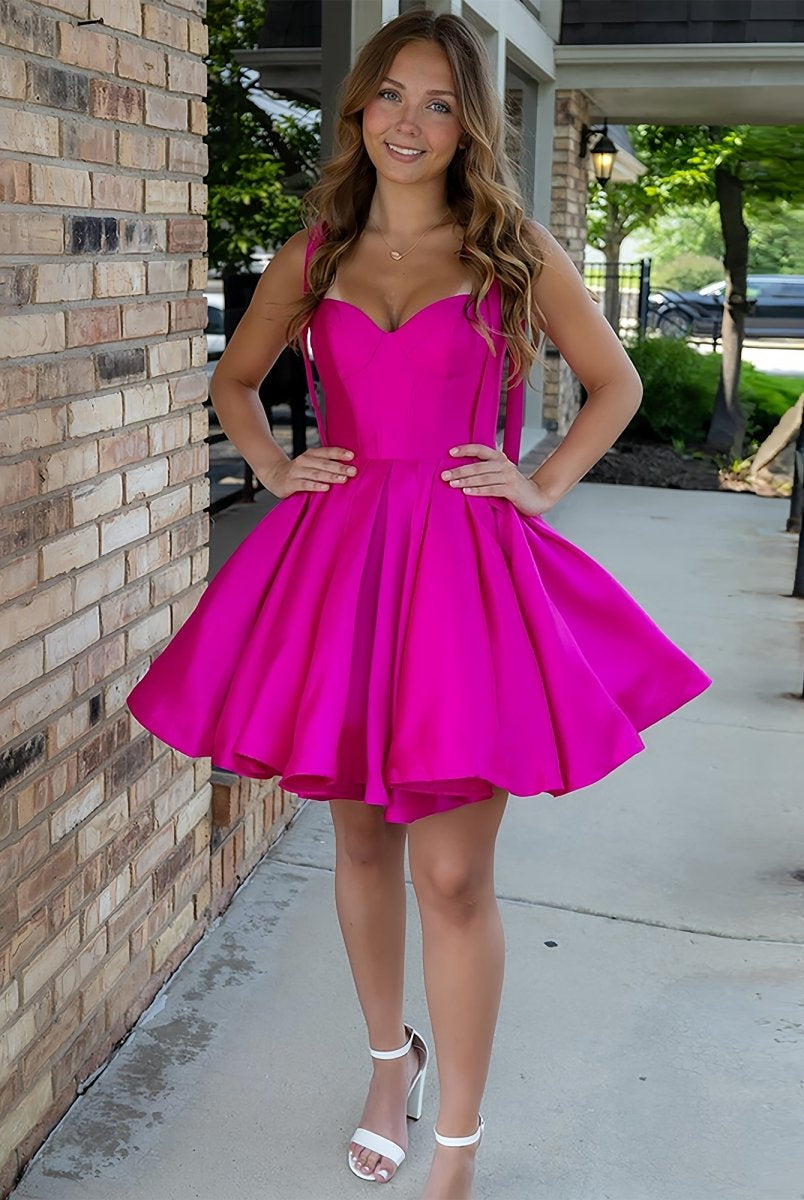 Mirel | Fuchsia - Spaghetti Straps Satin Pleated A Line Homecoming Dresses With Bow