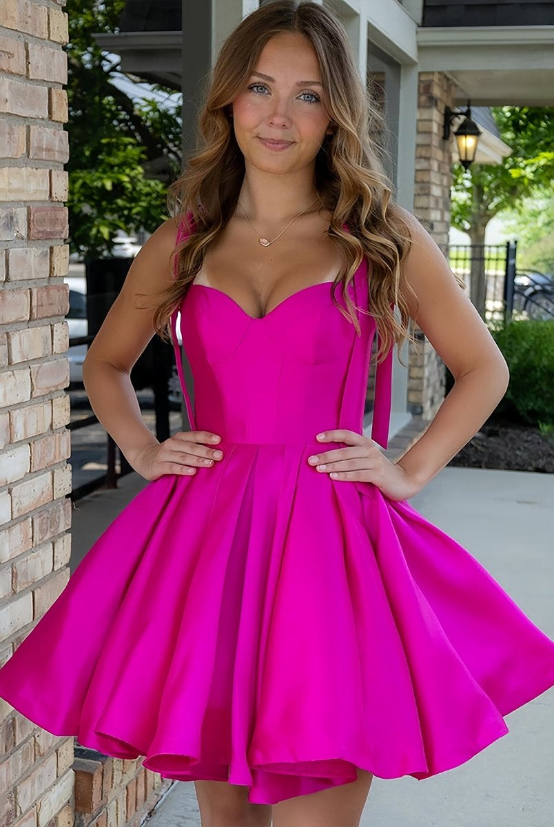 Mirel | Fuchsia - Spaghetti Straps Satin Pleated A Line Homecoming Dresses With Bow