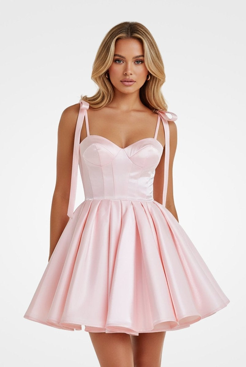 Mirel | Pink - Spaghetti Straps Satin Pleated A Line Homecoming Dresses With Bow