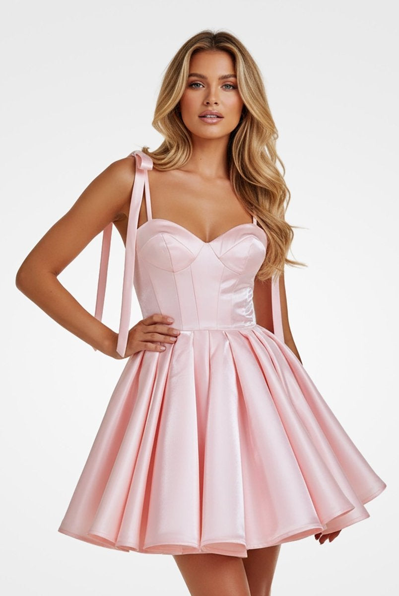 Mirel | Pink - Spaghetti Straps Satin Pleated A Line Homecoming Dresses With Bow