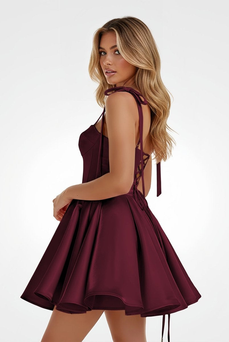Mirel | Burgundy - Spaghetti Straps Satin Pleated A Line Homecoming Dresses With Bow