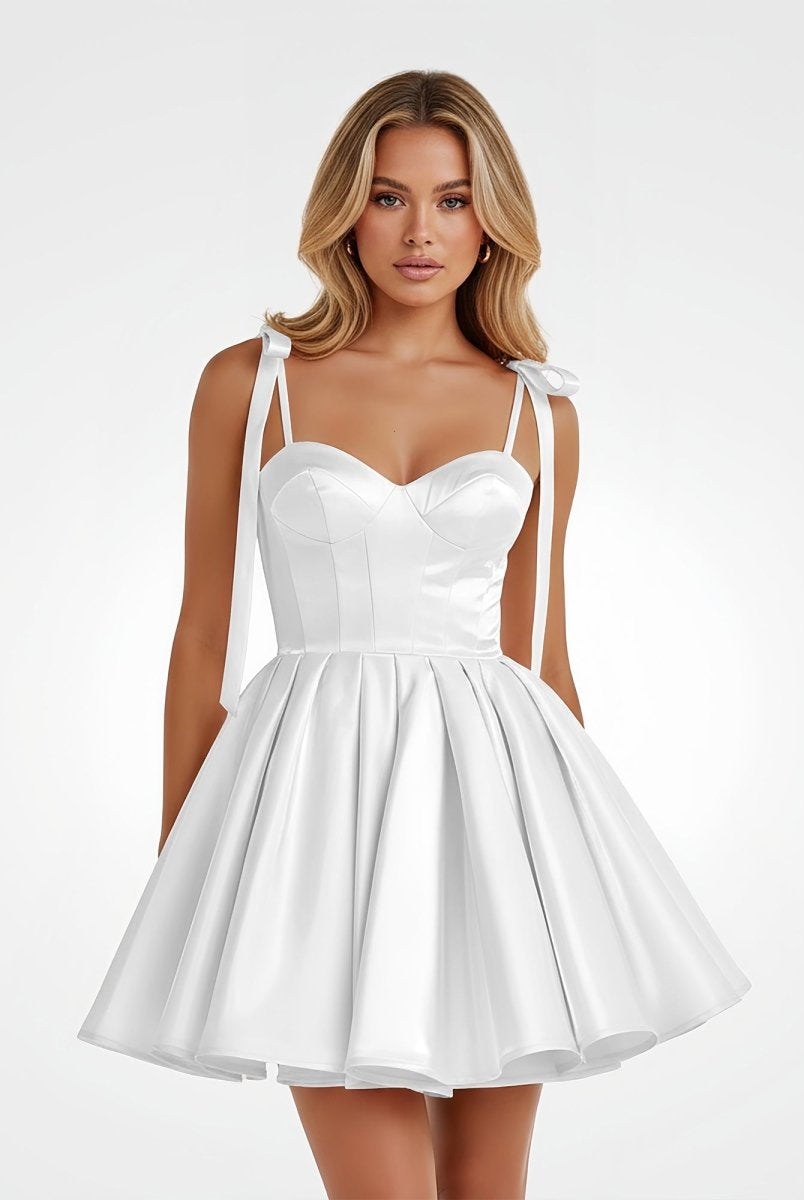 Mirel | White - Spaghetti Straps Satin Pleated A Line Homecoming Dresses With Bow - KissProm