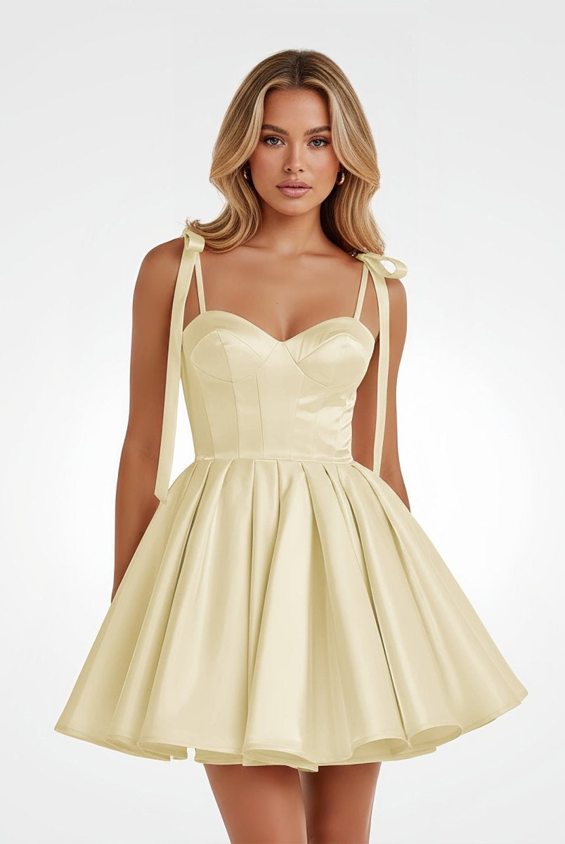 Mirel | Yellow - Spaghetti Straps Satin Pleated A Line Homecoming Dresses With Bow - KissProm
