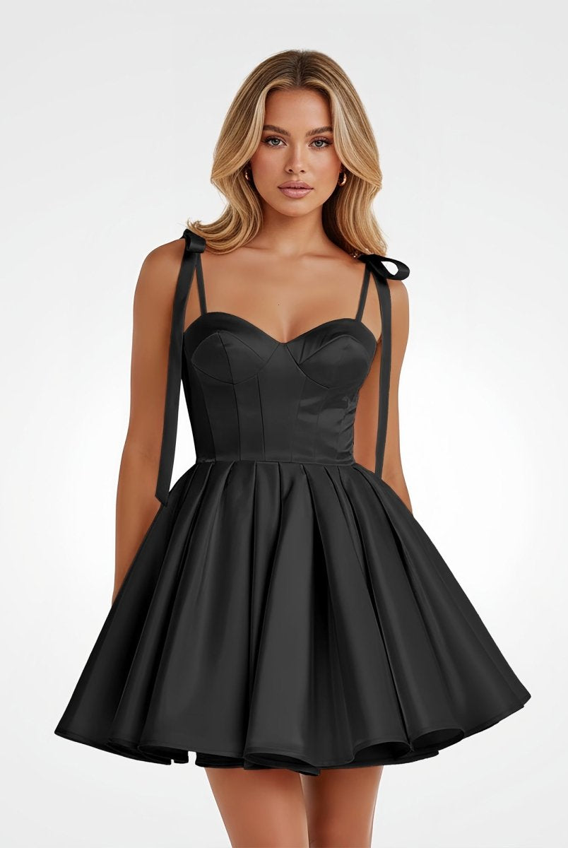 Mirel | Black - Spaghetti Straps Satin Pleated A Line Homecoming Dresses With Bow