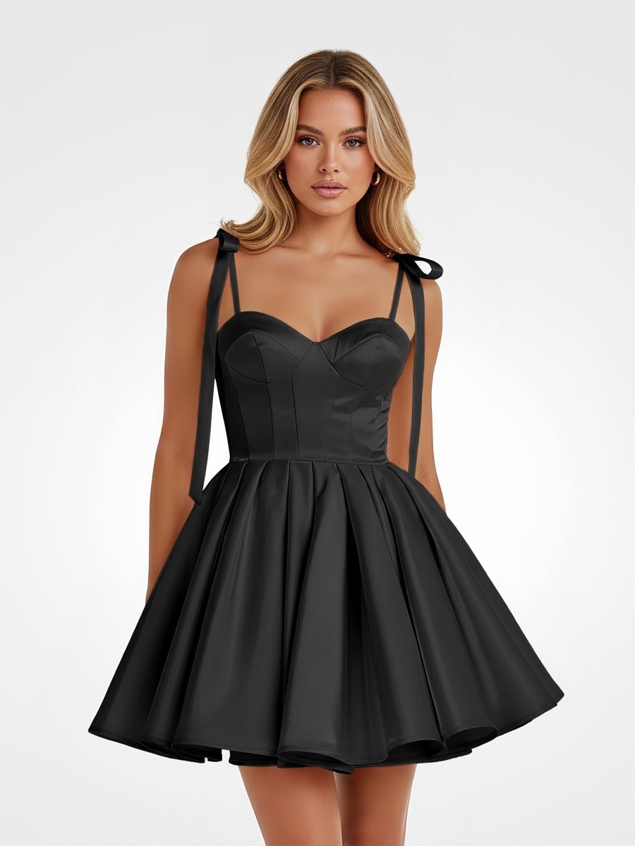 Black Spaghetti Straps Satin Pleated A-Line Homecoming Dress with Bow Black / 10 Black Spaghetti Straps Satin Pleated A-Line Homecoming Dress with Bow Black / 10