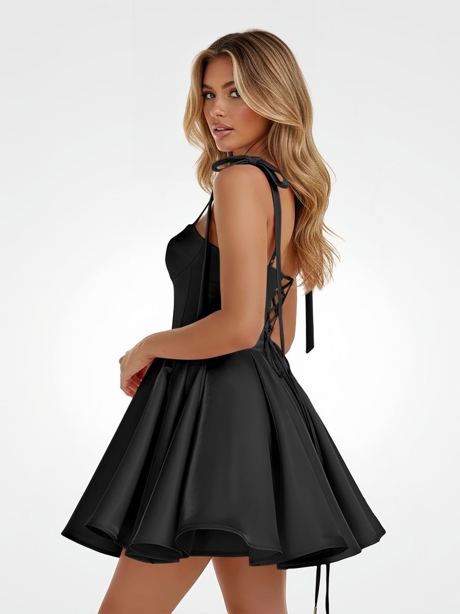 Mirel | Black - Spaghetti Straps Satin Pleated A Line Homecoming Dresses With Bow