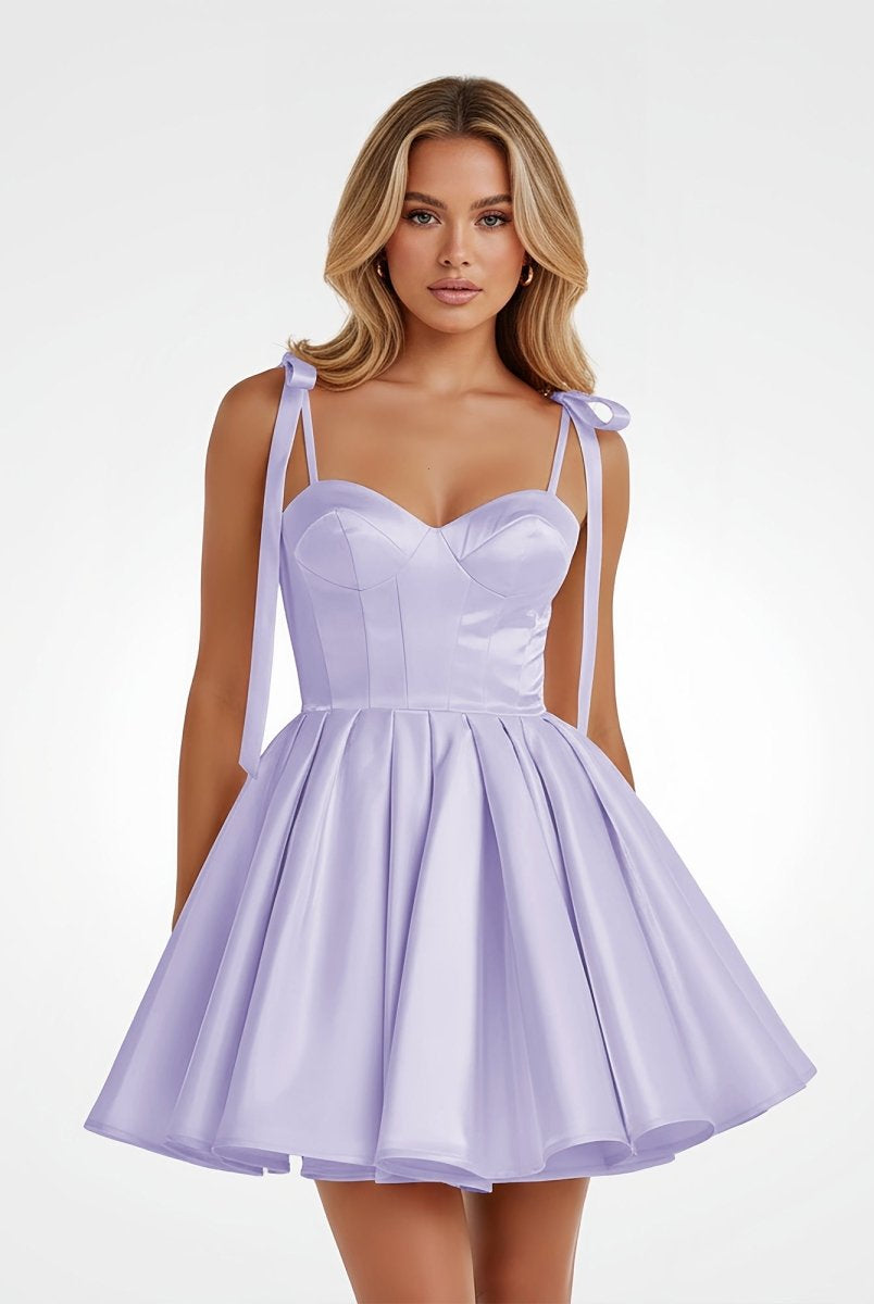 Mirel | Lavender - Spaghetti Straps Satin Pleated A Line Homecoming Dresses With Bow - KissProm