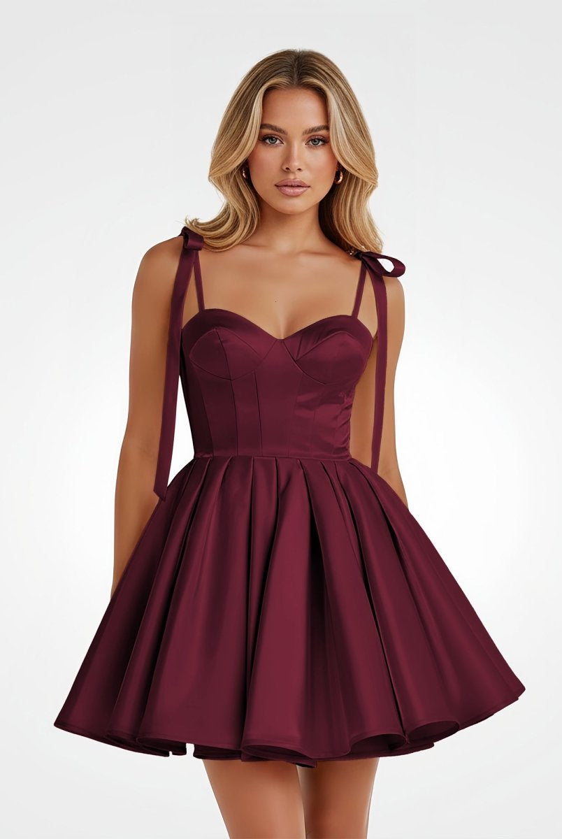 Mirel | Burgundy - Spaghetti Straps Satin Pleated A Line Homecoming Dresses With Bow
