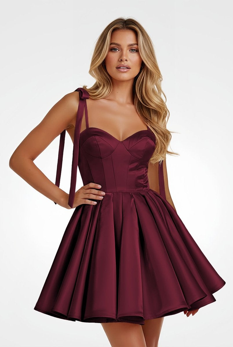 Mirel | Burgundy - Spaghetti Straps Satin Pleated A Line Homecoming Dresses With Bow
