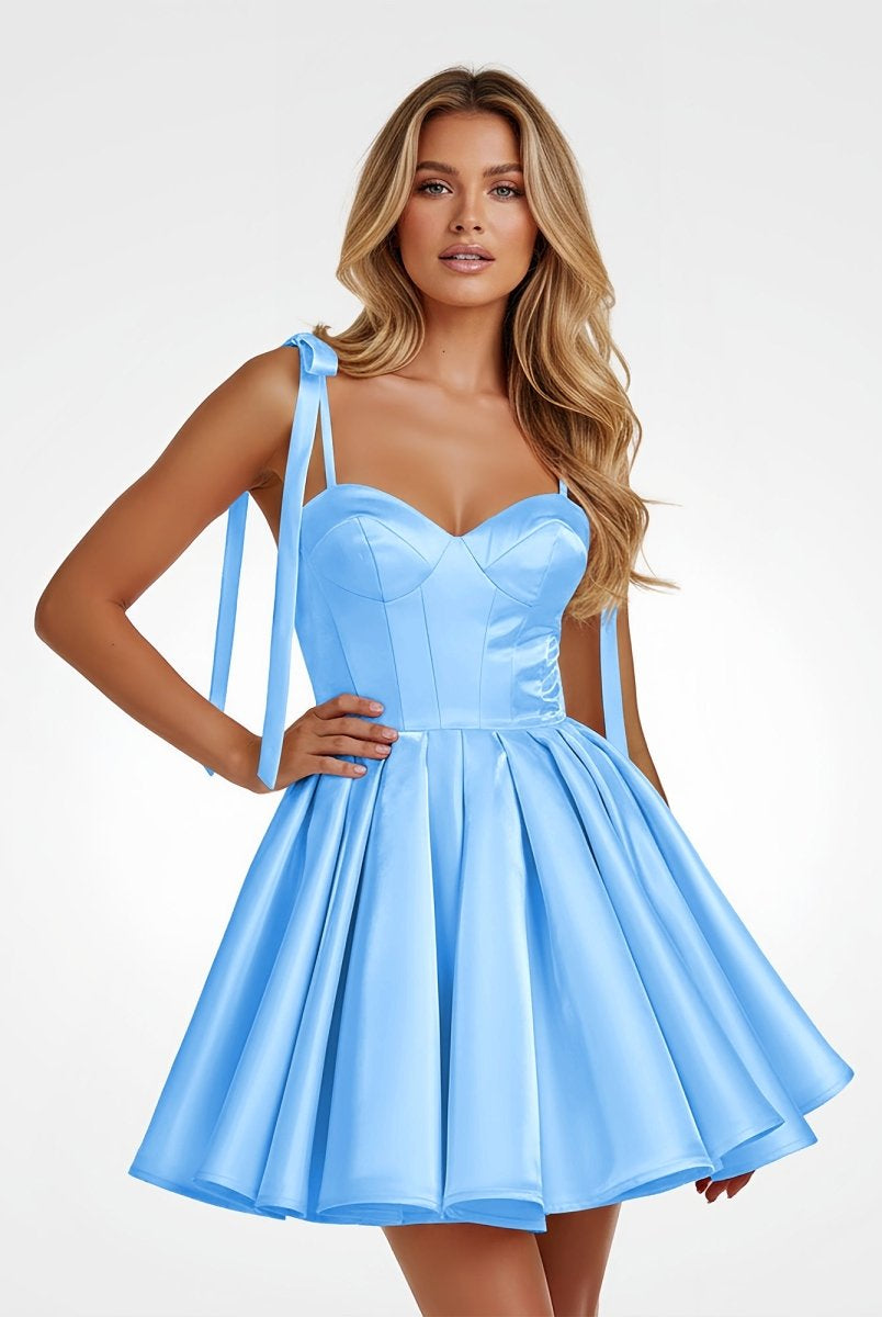 Mirel | Blue - Spaghetti Straps Satin Pleated A Line Homecoming Dresses With Bow