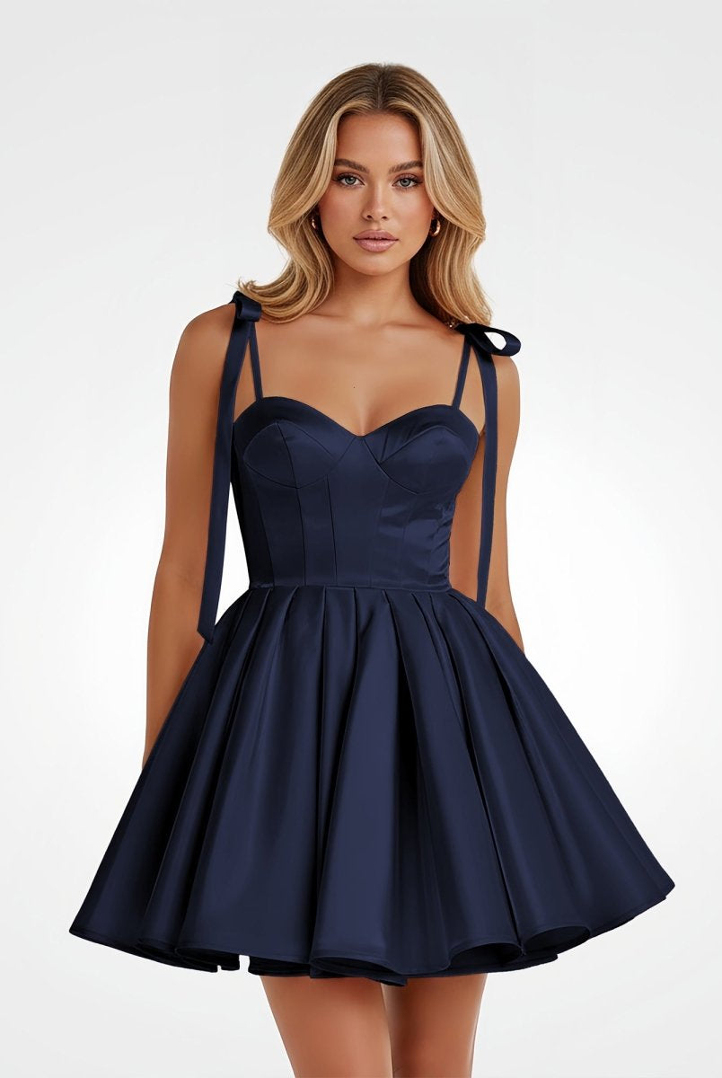 Mirel | Navy Blue - Spaghetti Straps Satin Pleated A Line Homecoming Dresses With Bow