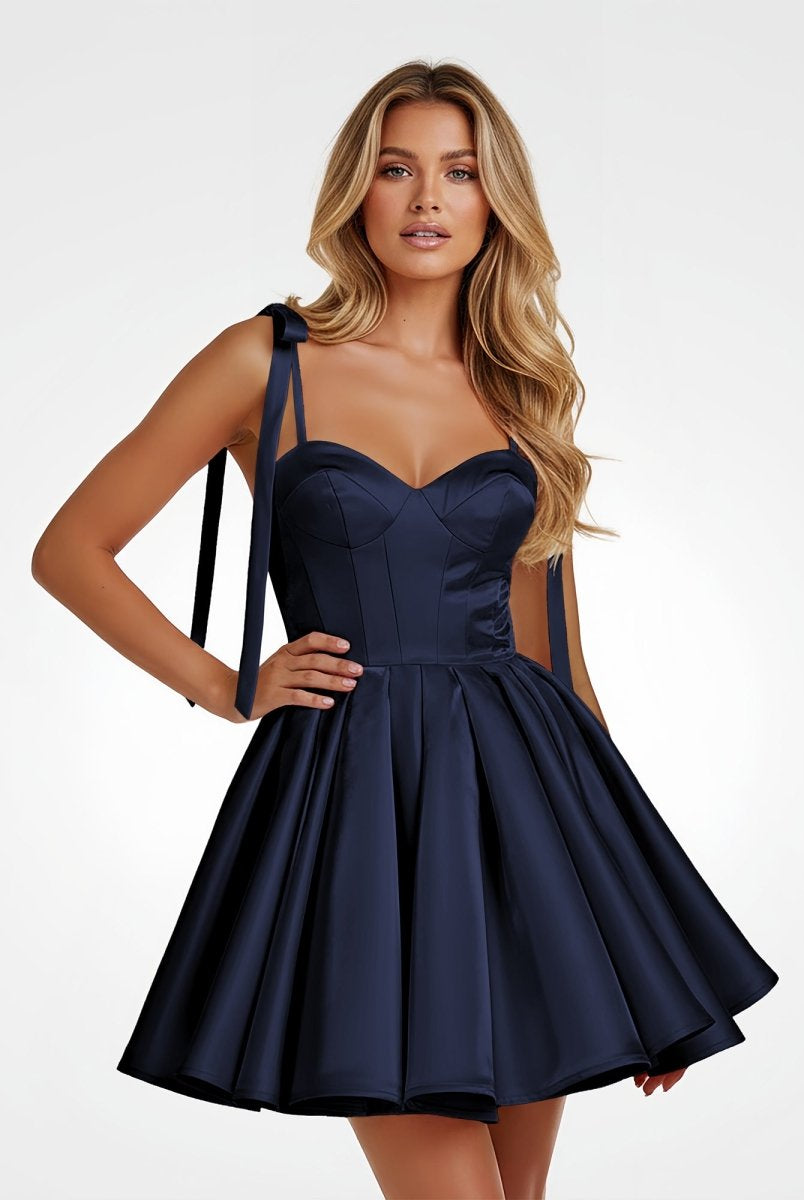 Mirel | Navy Blue - Spaghetti Straps Satin Pleated A Line Homecoming Dresses With Bow