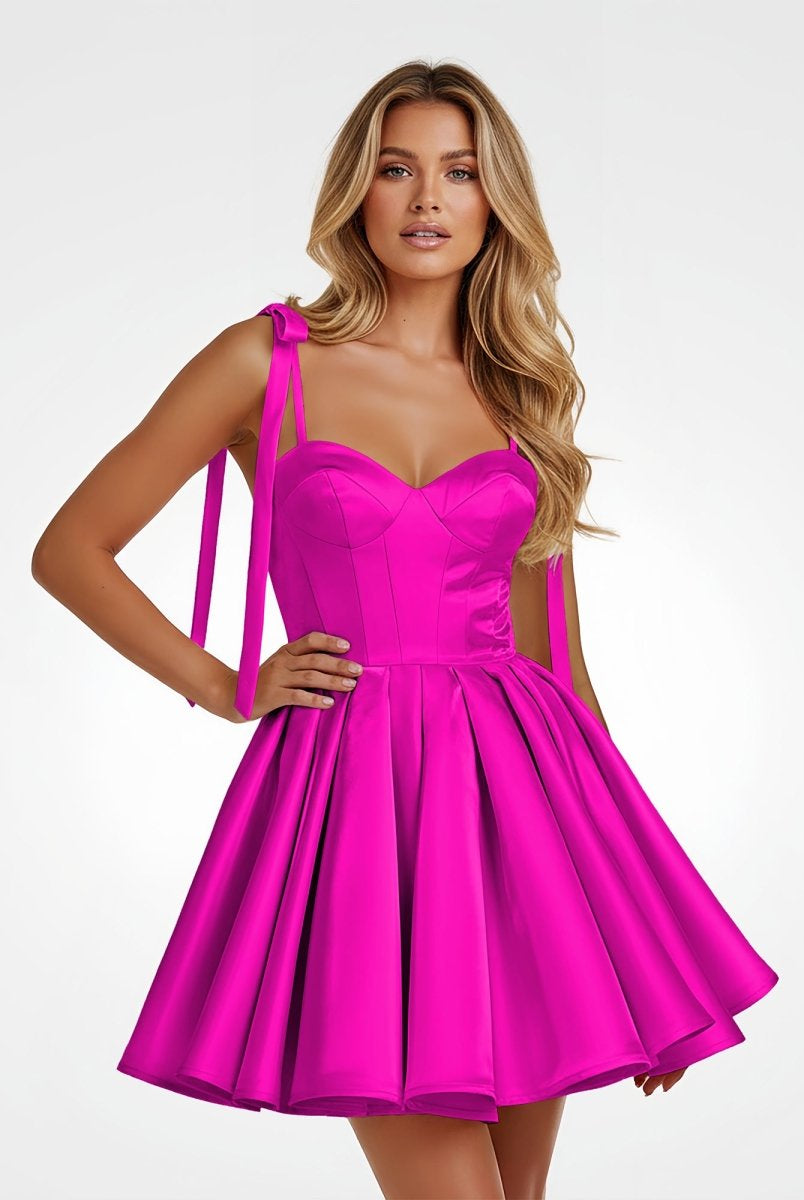 Mirel | Fuchsia - Spaghetti Straps Satin Pleated A Line Homecoming Dresses With Bow - KissProm