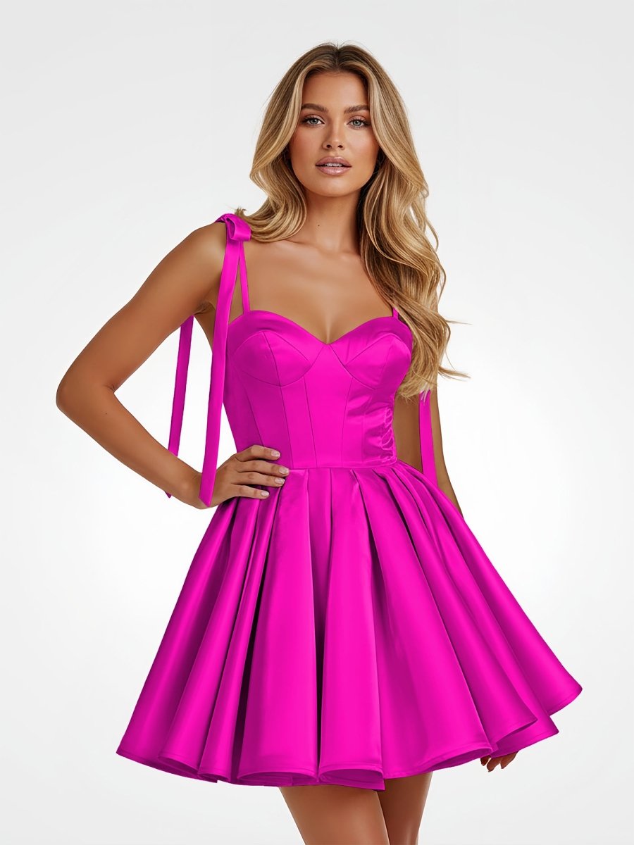 Mirel | Fuchsia - Spaghetti Straps Satin Pleated A Line Homecoming Dresses With Bow - KissProm