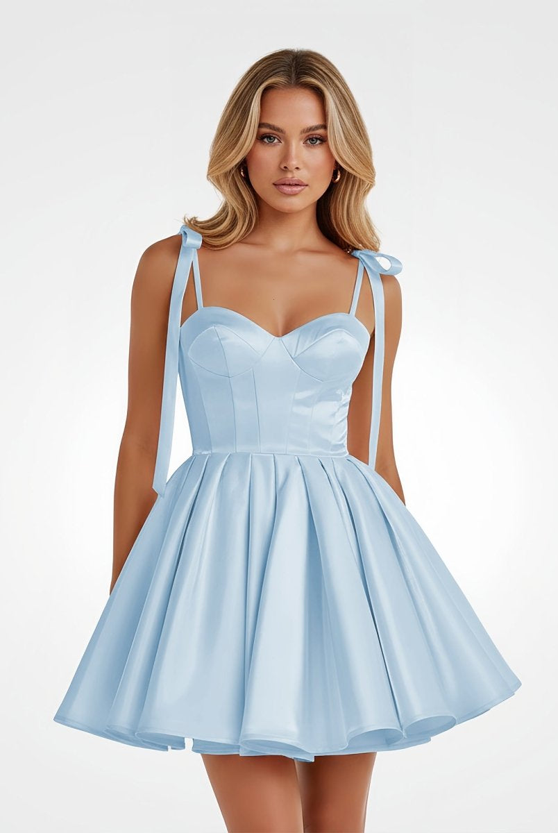 Mirel | Sky Blue - Spaghetti Straps Satin Pleated A Line Homecoming Dresses With Bow - KissProm