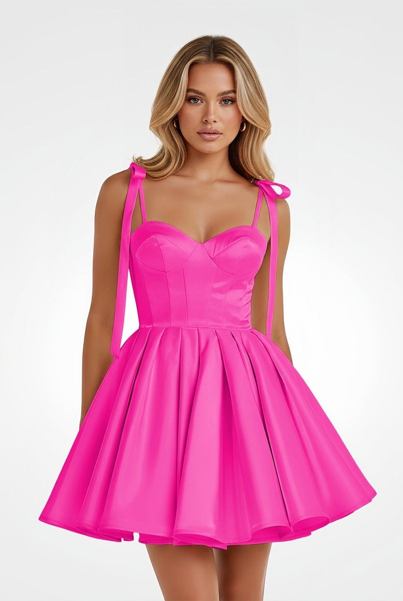 Mirel | Hot Pink - Spaghetti Straps Satin Pleated A Line Homecoming Dresses With Bow - KissProm