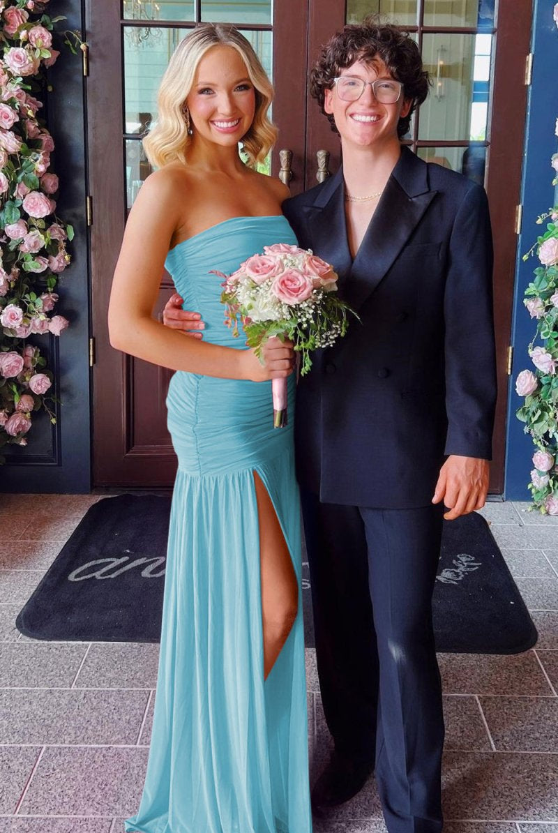 Mireon | Hot Pink - Sheath Strapless Pleated Chiffon Long Prom Dresses - KissProm