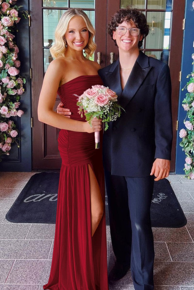 Mireon | Hot Pink - Sheath Strapless Pleated Chiffon Long Prom Dresses - KissProm