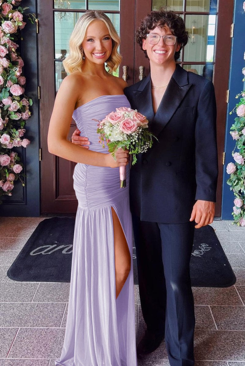 Mireon | Hot Pink - Sheath Strapless Pleated Chiffon Long Prom Dresses - KissProm