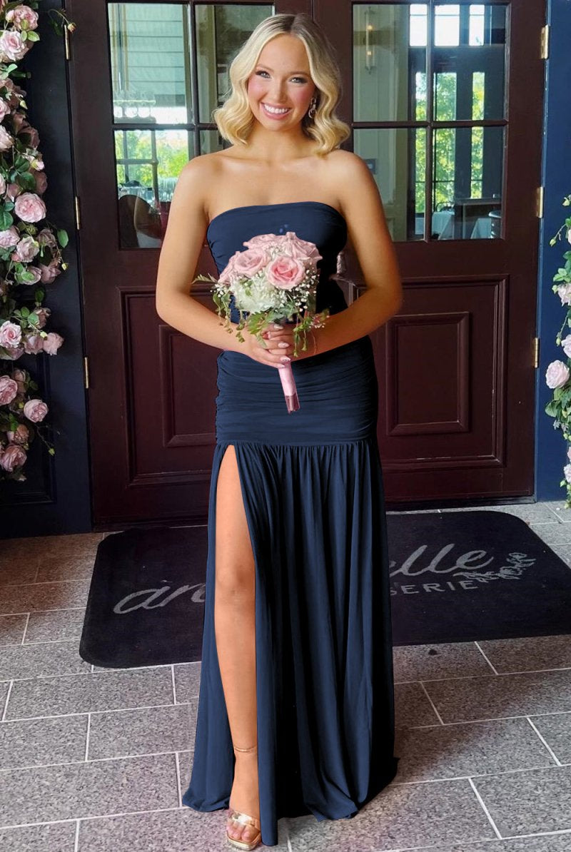 Mireon | Hot Pink - Sheath Strapless Pleated Chiffon Long Prom Dresses - KissProm