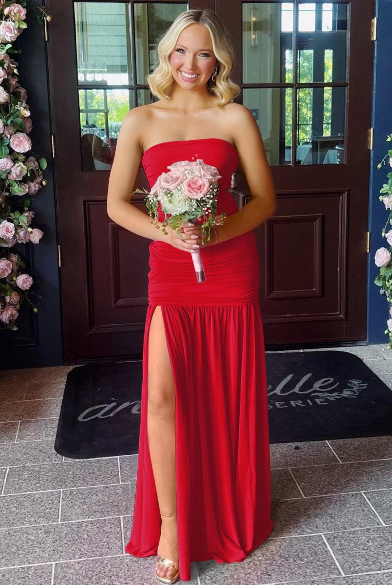 Mireon | Hot Pink - Sheath Strapless Pleated Chiffon Long Prom Dresses - KissProm